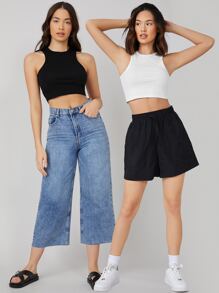 SHEIN BASICS 2 Paquetes Top Corto de Mujer - Blanco y Negro - Ver 6