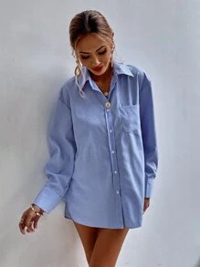 Aveloria Vertical Stripe Pocket Patched Longline Blouse - Blue - View 4