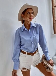 Aveloria Vertical Stripe Pocket Patched Longline Blouse - Blue - View 5