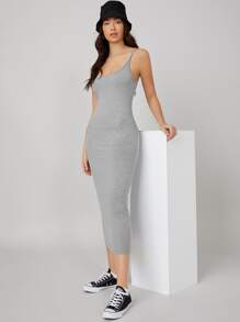 SHEIN BASICS 素色吊帶包臀連衣裙 - 淺灰色 - 查看 1