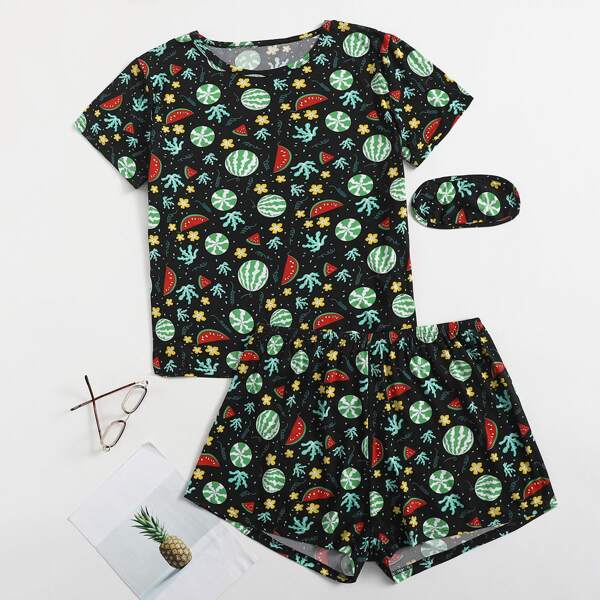 

Plus Watermelon Print Pajama Set With Eyemask, Multicolor