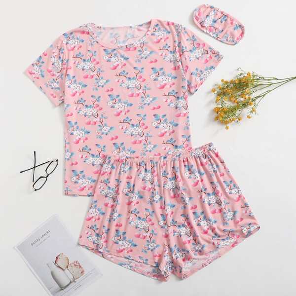 

Plus Floral And Fruit Print Pajama Set With Eyemask, Multicolor