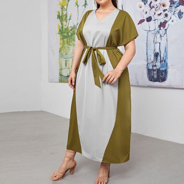 

Plus Colorblock Batwing Sleeve Belted Tunic Dress, Multicolor
