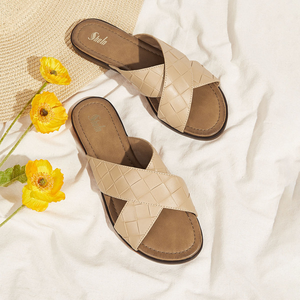 

Braided Design Slide Sandals, Apricot