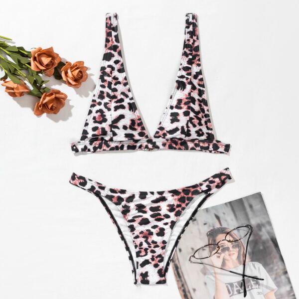 

Leopard V Neck Bikini Swimsuit, Multicolor