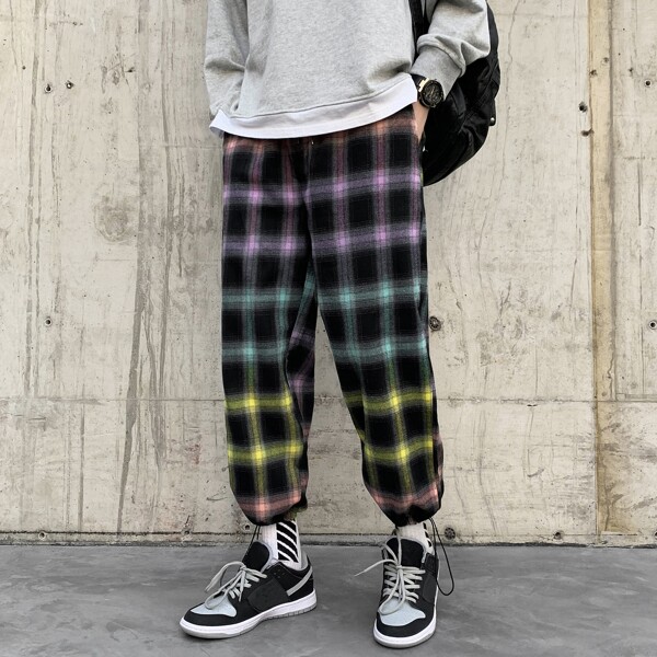 

Men Drawstring Waist & Hem Plaid Pants, Multicolor