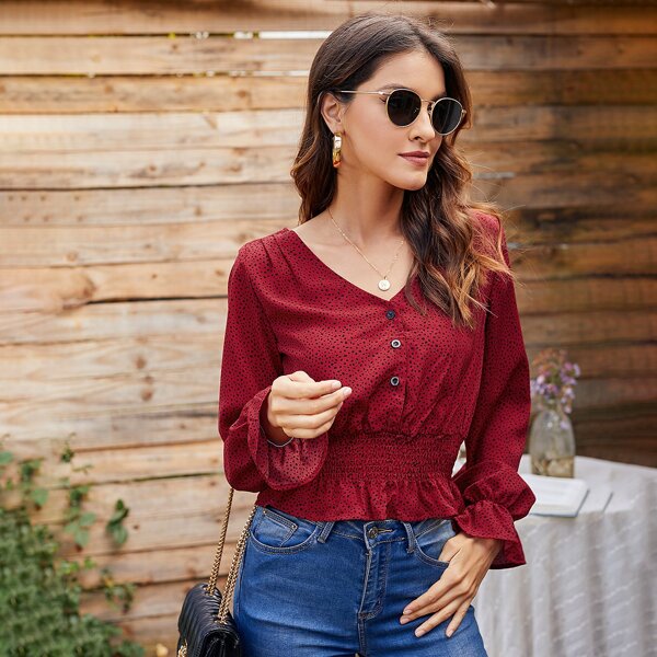 

Allover Print Flounce Sleeve Blouse, Burgundy