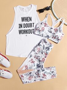 Yoga Floral 3pcs Slogan & Floral Print Workout Gym Set Racerback Bra & Tank & Yoga Leggings - White - View 1