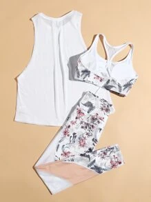 Yoga Floral 3pcs Slogan & Floral Print Workout Gym Set Racerback Bra & Tank & Yoga Leggings - White - View 2