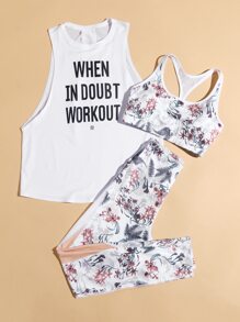 Yoga Floral 3pcs Slogan & Floral Print Workout Gym Set Racerback Bra & Tank & Yoga Leggings - White - View 4