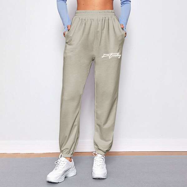 

Letter Graphic Pocket Side Sports Pants, Khaki