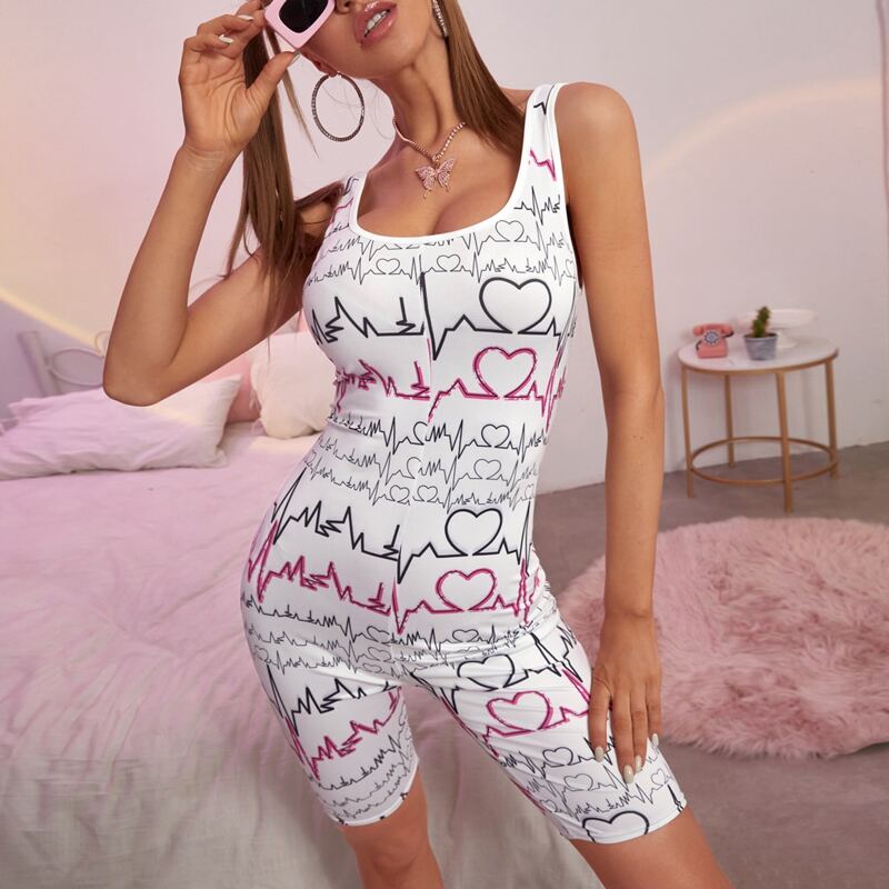 

ECG Print Unitard Romper, White