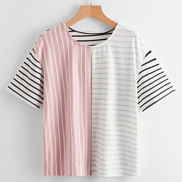 

Color-block Striped Drop Shoulder Tee, Multicolor