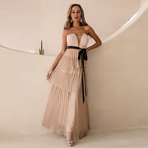 

Mesh Insert Belted Layered Hem Tube Prom Dress, Apricot