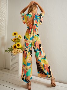 Plunge Neck Tie Front Wide Leg Tropical Jumpsuit - Multicolor - View 2