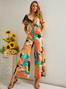 Plunge Neck Tie Front Wide Leg Tropical Jumpsuit - Multicolor - View 3