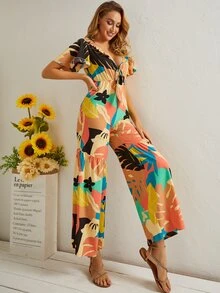 Plunge Neck Tie Front Wide Leg Tropical Jumpsuit - Multicolor - View 4