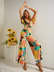 Plunge Neck Tie Front Wide Leg Tropical Jumpsuit - Multicolor - View 5