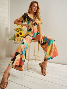 Plunge Neck Tie Front Wide Leg Tropical Jumpsuit - Multicolor - View 6