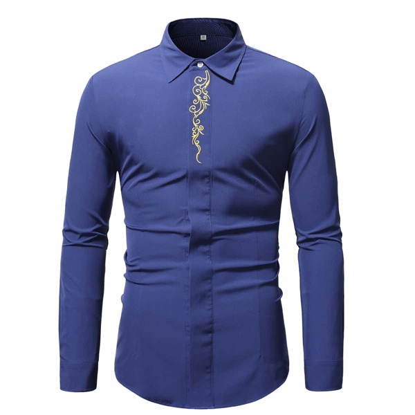 

Men Baroque Embroidery Hidden Placket Shirt, Navy blue