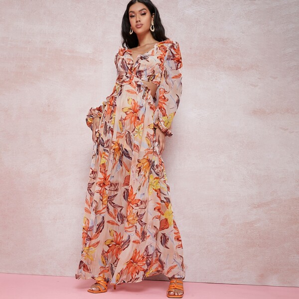 

Floral Print Ruffled Peasant Sleeve Maxi Dress, Multicolor