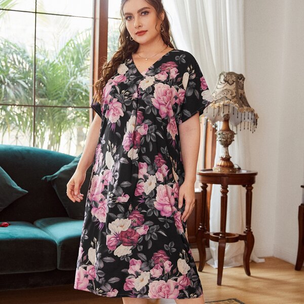 

Plus Floral Print V-neck Nightdress, Multicolor