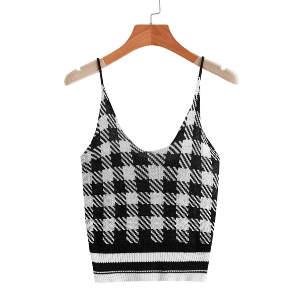 

Striped & Gingham Pattern Knit Top, Black and white