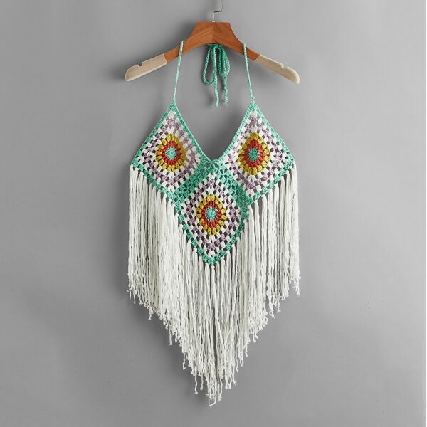 

Tied Backless Colorblock Asymmetrical Fringe Hem Cover Up Top, Multicolor