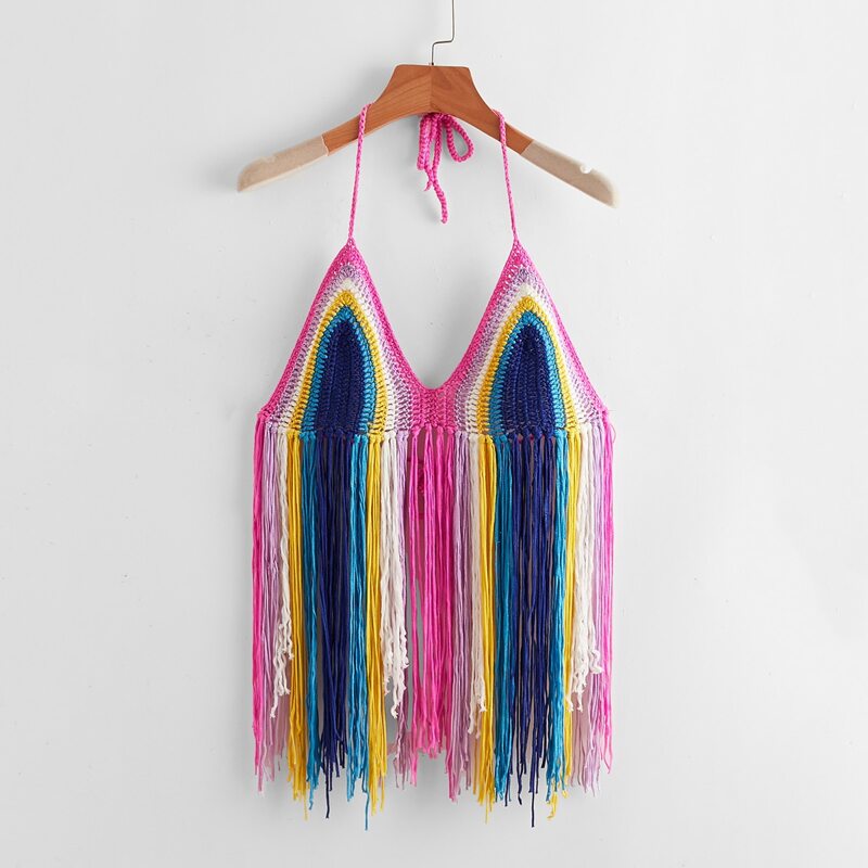 

Fringe Hem Tied Backless Colorblock Cover Up Top, Multicolor