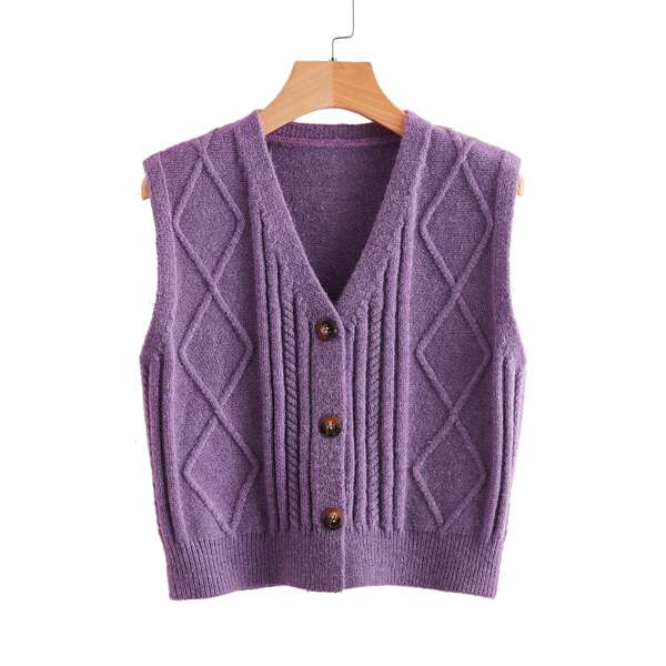 

Button Front Fuzzy Knit Cardigan, Purple
