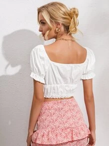 雞心領拼接棉布燒花邊上衣 - 白色 - 查看 2