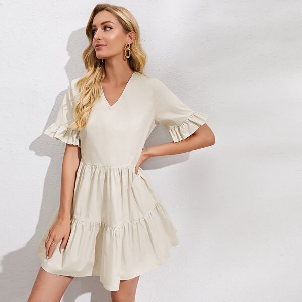 

Ruffle Cuff Solid Dress, Beige