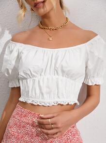 雞心領拼接棉布燒花邊上衣 - 白色 - 查看 3