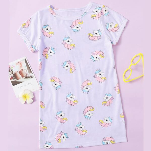 

Toddler Girls Cartoon Unicorn Print Tee Dress, Multicolor