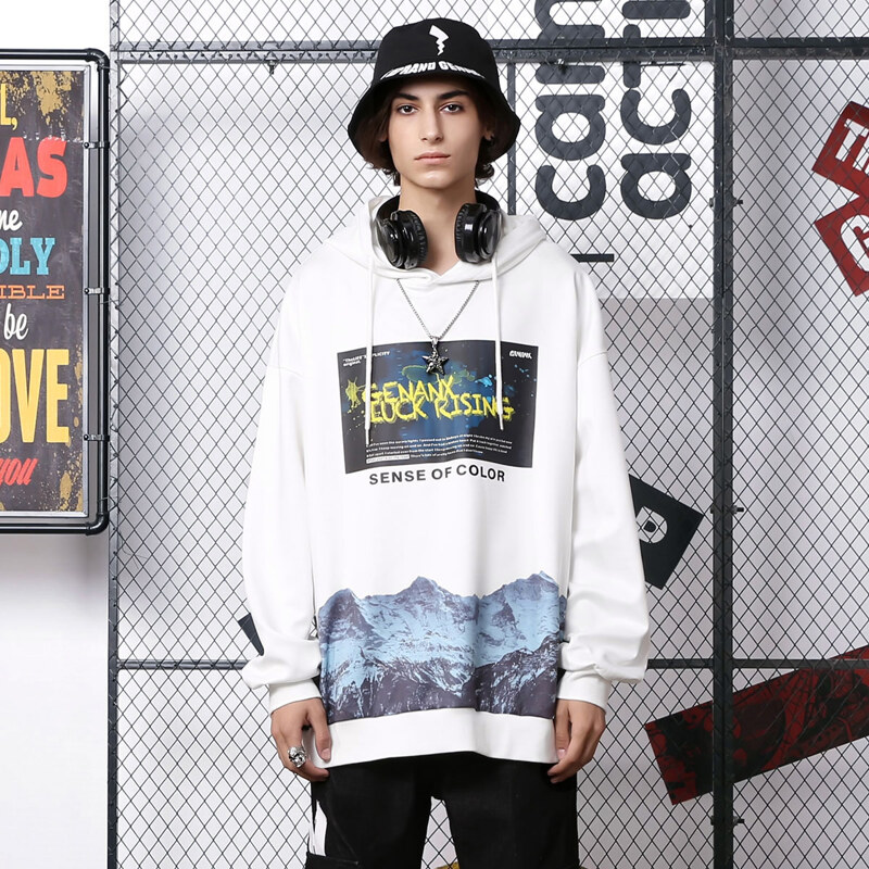 

Guys Mountain & Slogan Graphic Drop Shoulder Drawstring Hoodie, White