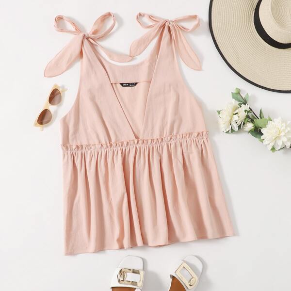 

Knot Shoulder Ruffle Hem Tank Top, Baby pink