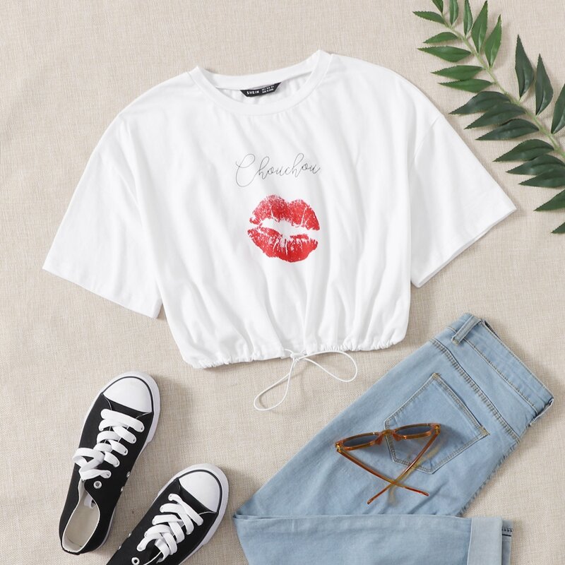 

Letter & Lip Print Drawstring Hem Crop Tee, White