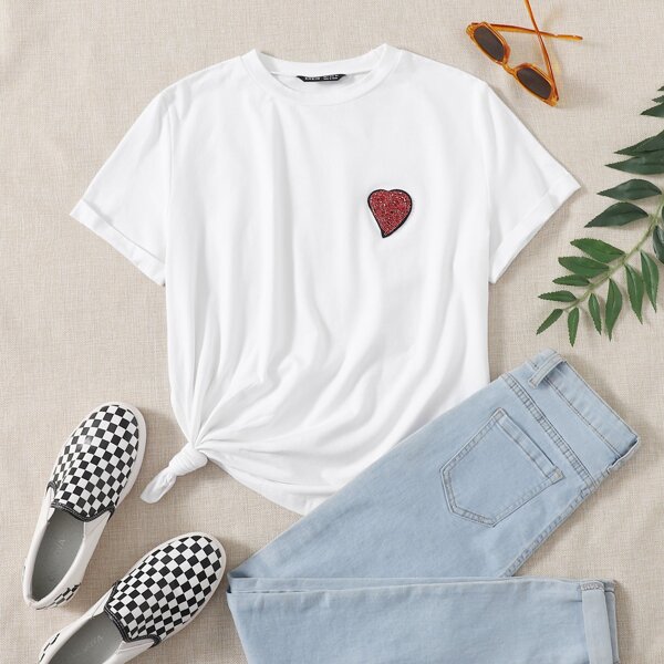 

Rhinestone Heart Patched Short Sleeve Tee, White