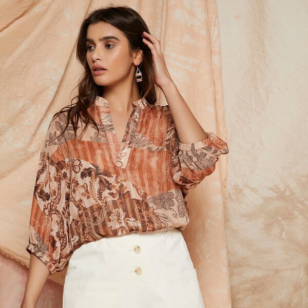

Notched Neck Floral and Striped Top, Multicolor