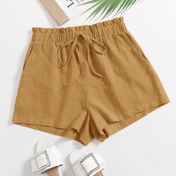 

Paperbag Waist Slant Pocket Shorts, Mustard yellow