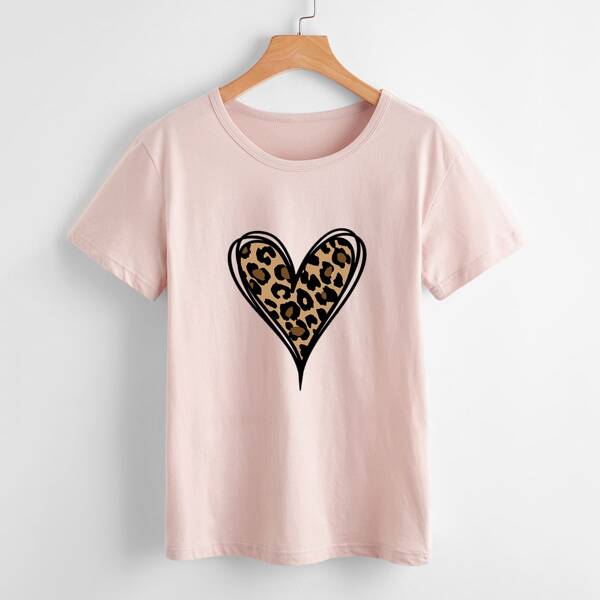 

Leopard And Heart Print Tee, Baby pink