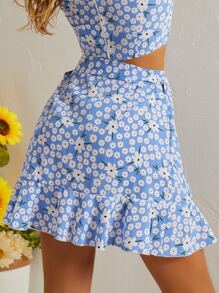 小碎花側繫帶圍裹半身裙