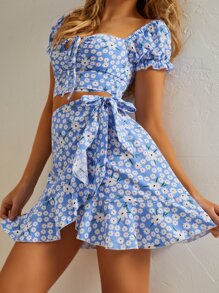 小碎花側繫帶圍裹半身裙