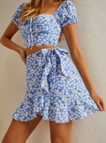 小碎花側繫帶圍裹半身裙