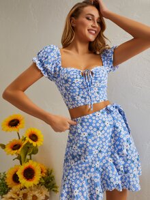 Daisy Floral Knot Detail Top - Blue and White - View 3