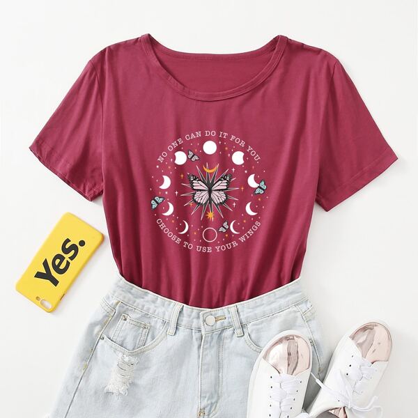 

Butterfly And Slogan Graphic Tee, Rose red
