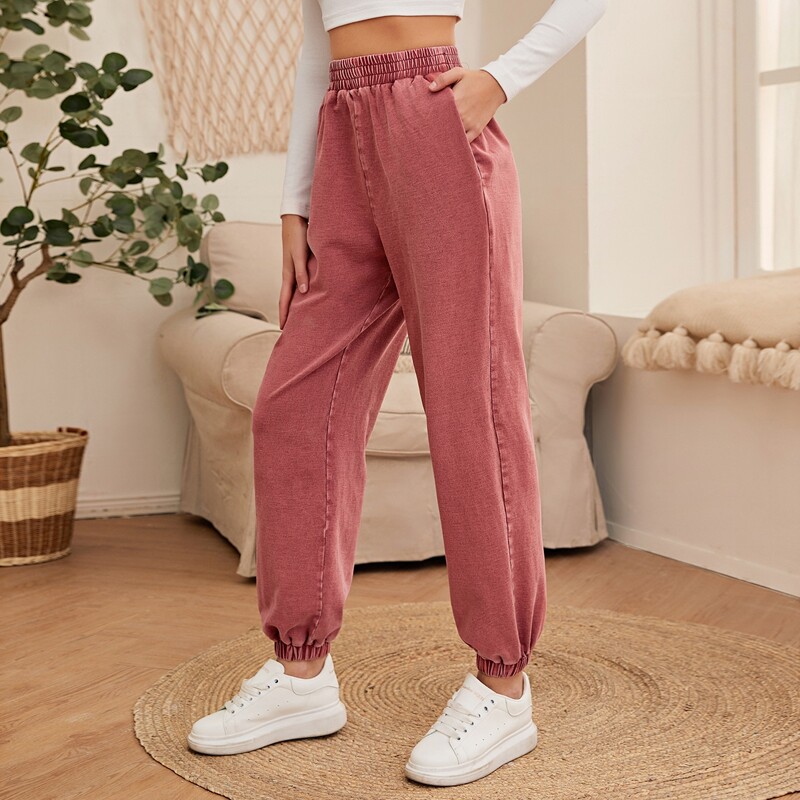 

Elastic Waist Solid Pants, Rust brown