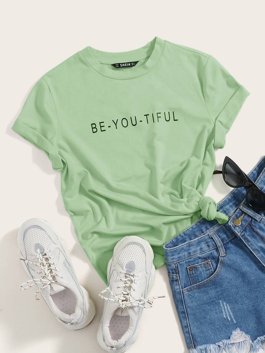 SHEIN EZwear Slogan Graphic Tee - Lime Green - View 1