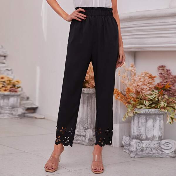 

Laser Cut Out Scallop Hem Pants, Black