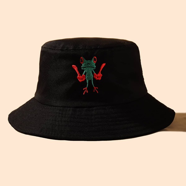 

Cartoon Animal Embroidery Bucket Hat, Black